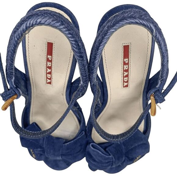 Prada Logo Blue Suede Bow Platform Espadrilles EU 37 Slingback Buckle Wedges - Picture 7 of 10